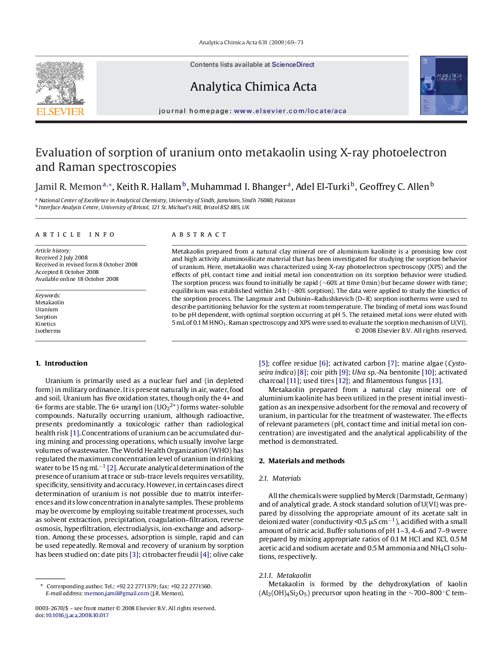 Evaluation of sorption of uranium onto metakaolin using X-ray photoelectron and Raman spectroscopies