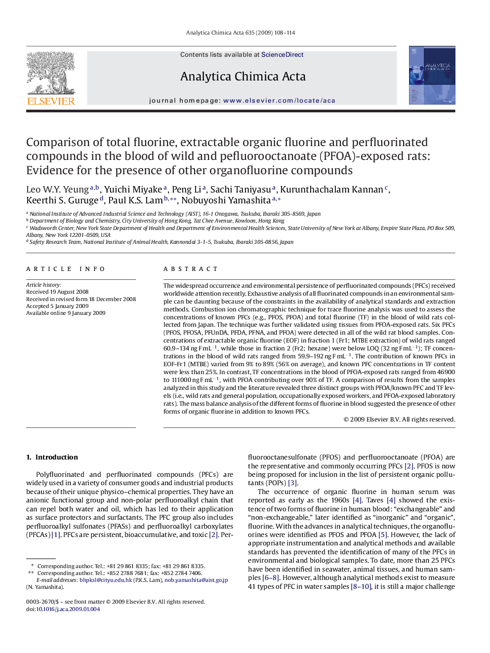 Comparison of total fluorine, extractable organic fluorine and perfluorinated compounds in the blood of wild and pefluorooctanoate (PFOA)-exposed rats: Evidence for the presence of other organofluorine compounds