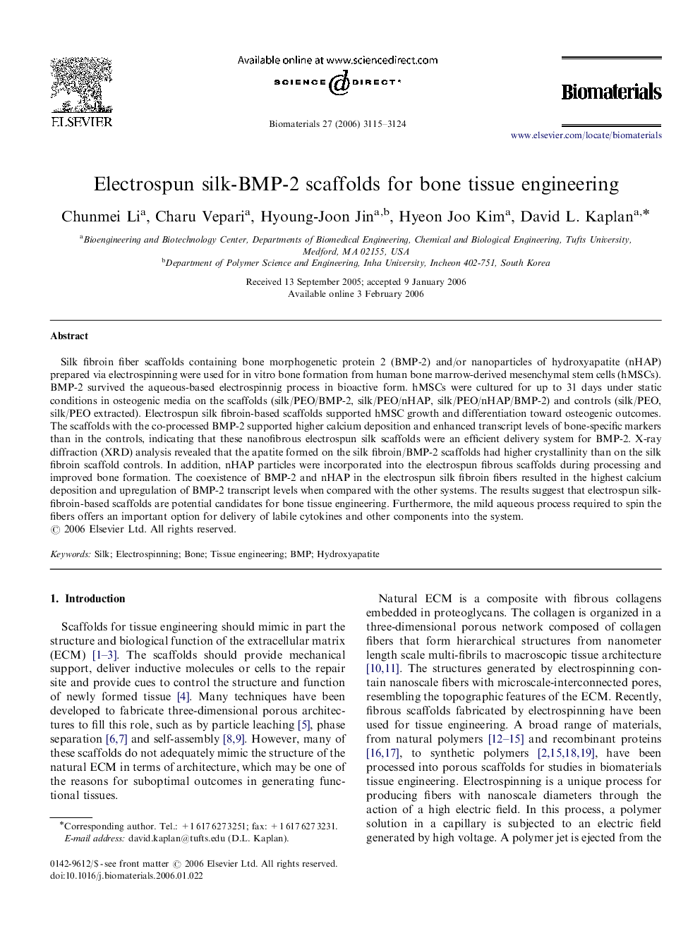 Electrospun silk-BMP-2 scaffolds for bone tissue engineering