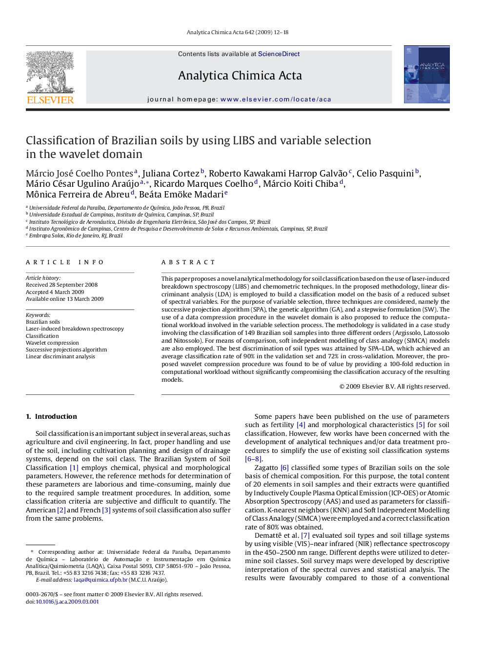 Classification of Brazilian soils by using LIBS and variable selection in the wavelet domain