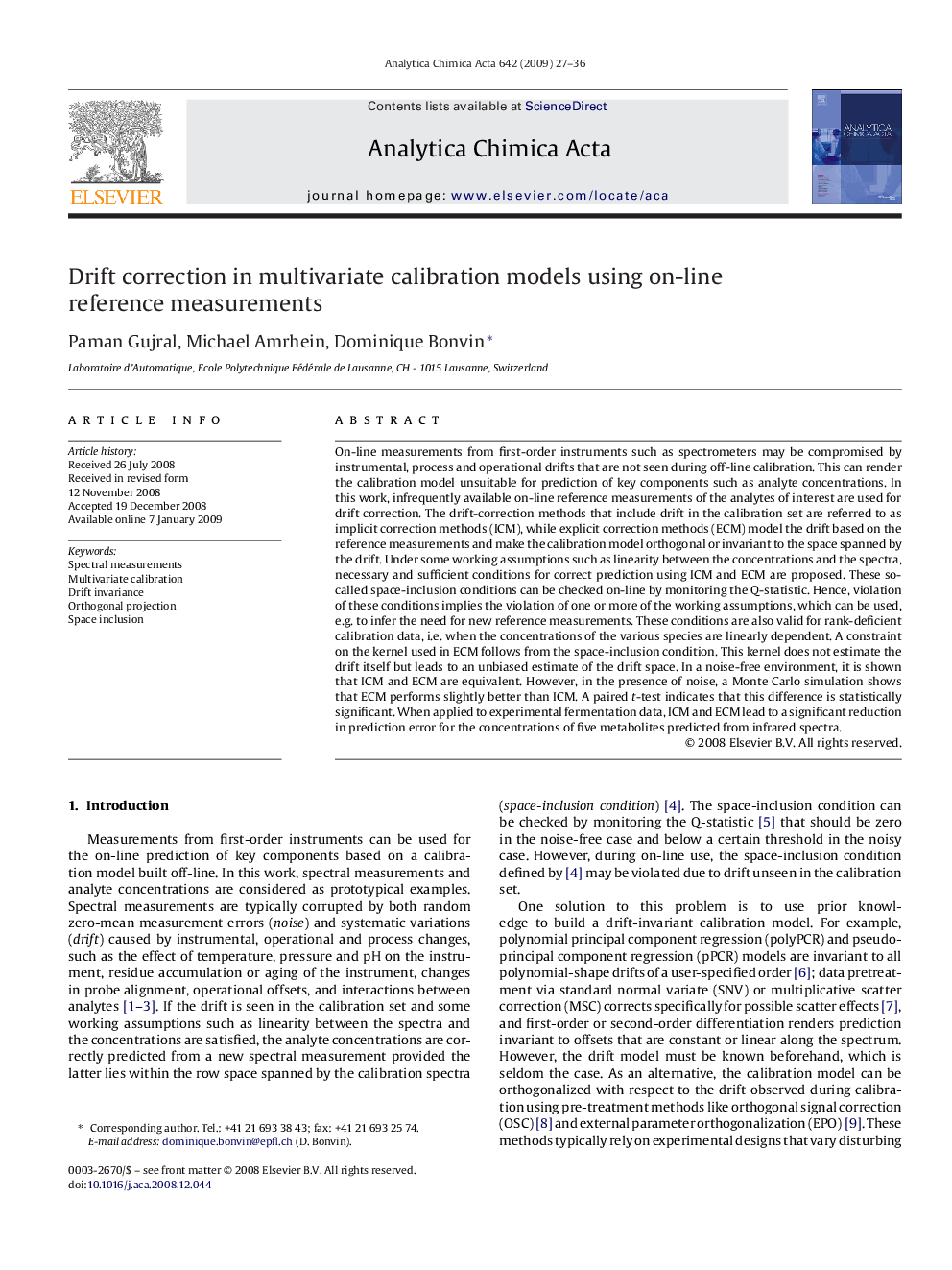 Drift correction in multivariate calibration models using on-line reference measurements