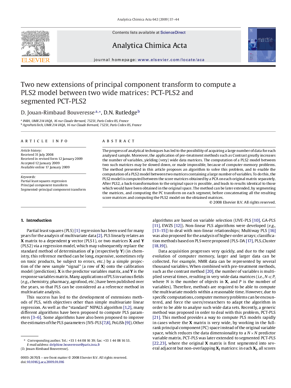 Two new extensions of principal component transform to compute a PLS2 model between two wide matrices: PCT-PLS2 and segmented PCT-PLS2