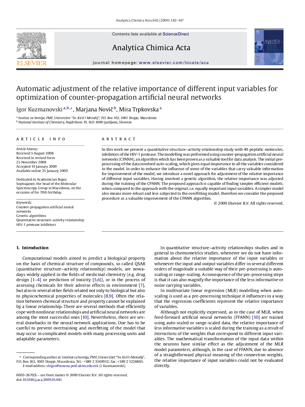 Automatic adjustment of the relative importance of different input variables for optimization of counter-propagation artificial neural networks