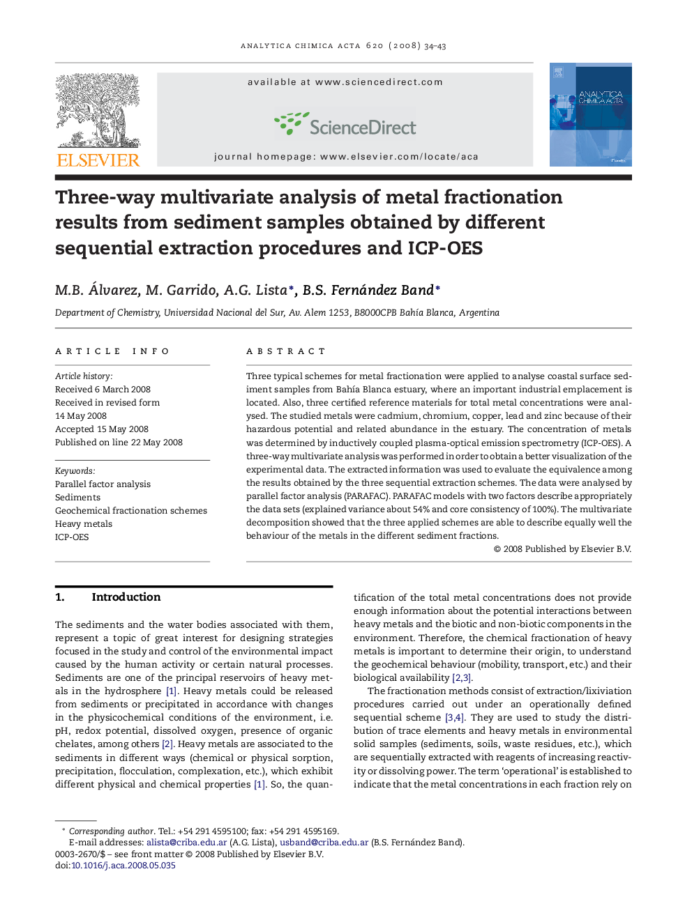 Three-way multivariate analysis of metal fractionation results from sediment samples obtained by different sequential extraction procedures and ICP-OES