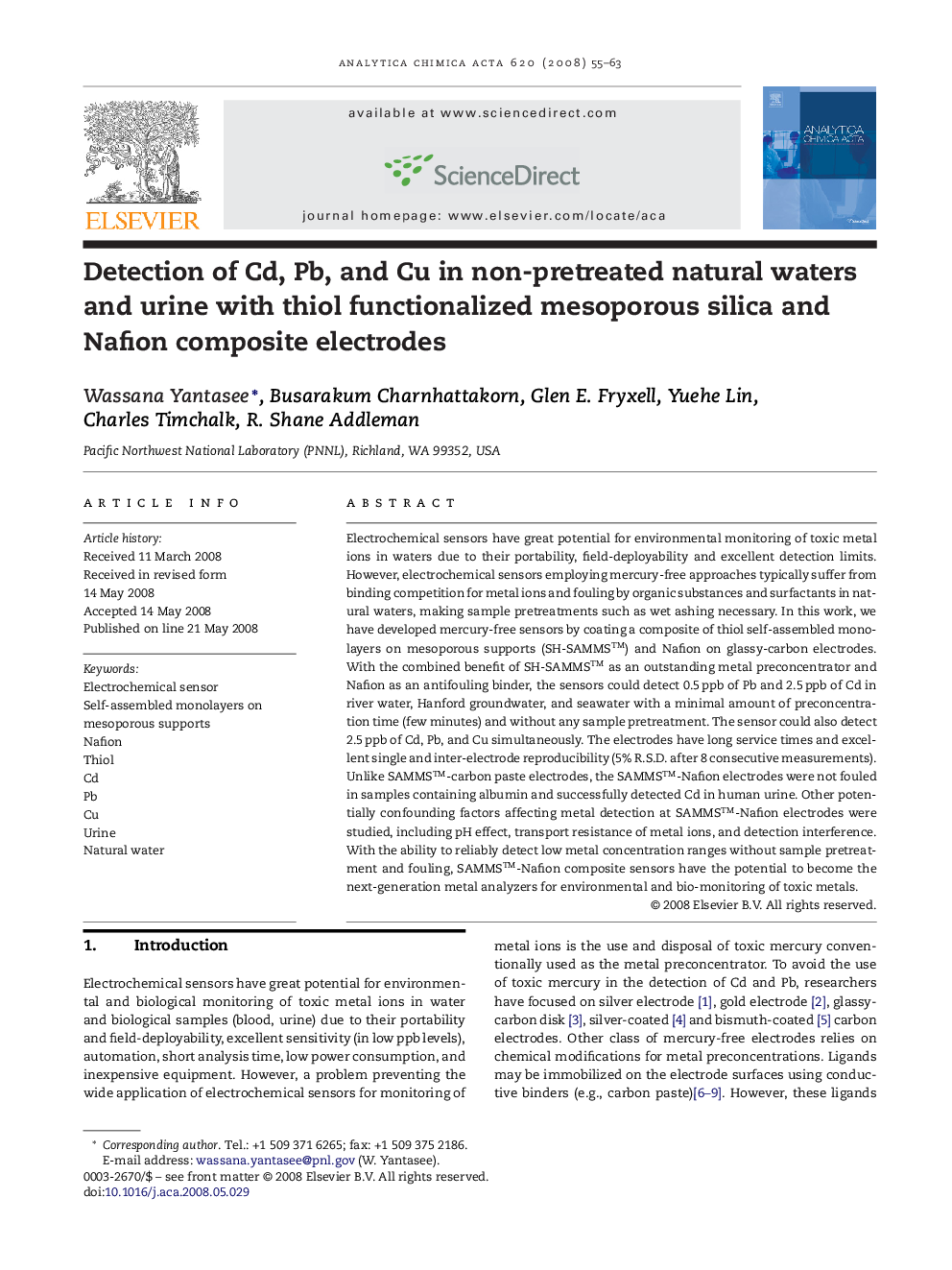 Detection of Cd, Pb, and Cu in non-pretreated natural waters and urine with thiol functionalized mesoporous silica and Nafion composite electrodes