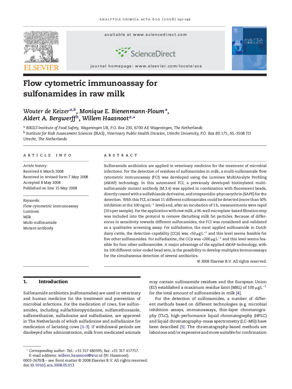 Flow cytometric immunoassay for sulfonamides in raw milk