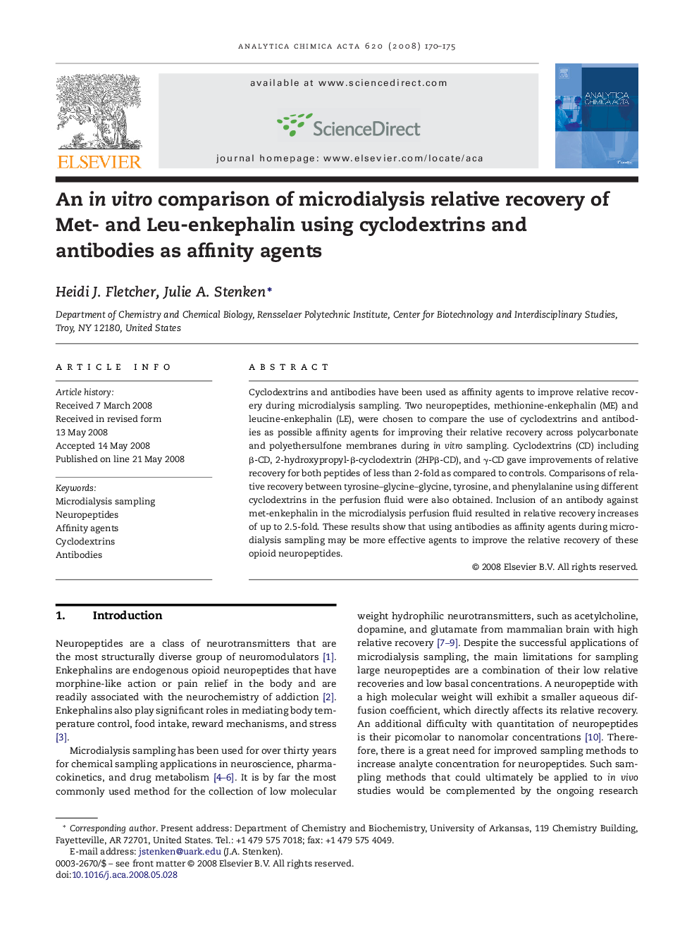 An in vitro comparison of microdialysis relative recovery of Met- and Leu-enkephalin using cyclodextrins and antibodies as affinity agents