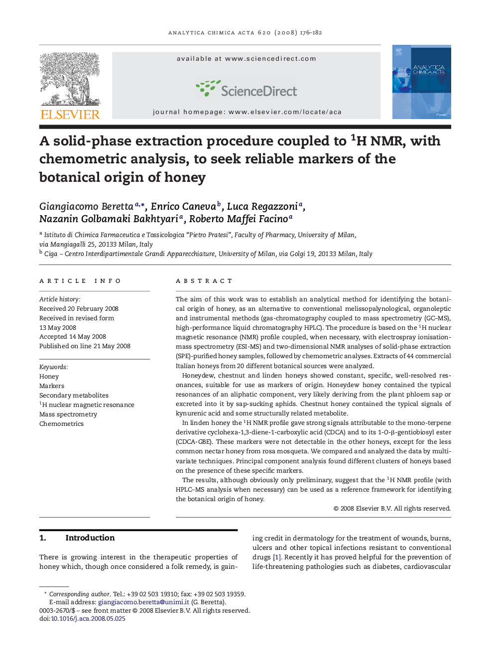 A solid-phase extraction procedure coupled to 1H NMR, with chemometric analysis, to seek reliable markers of the botanical origin of honey