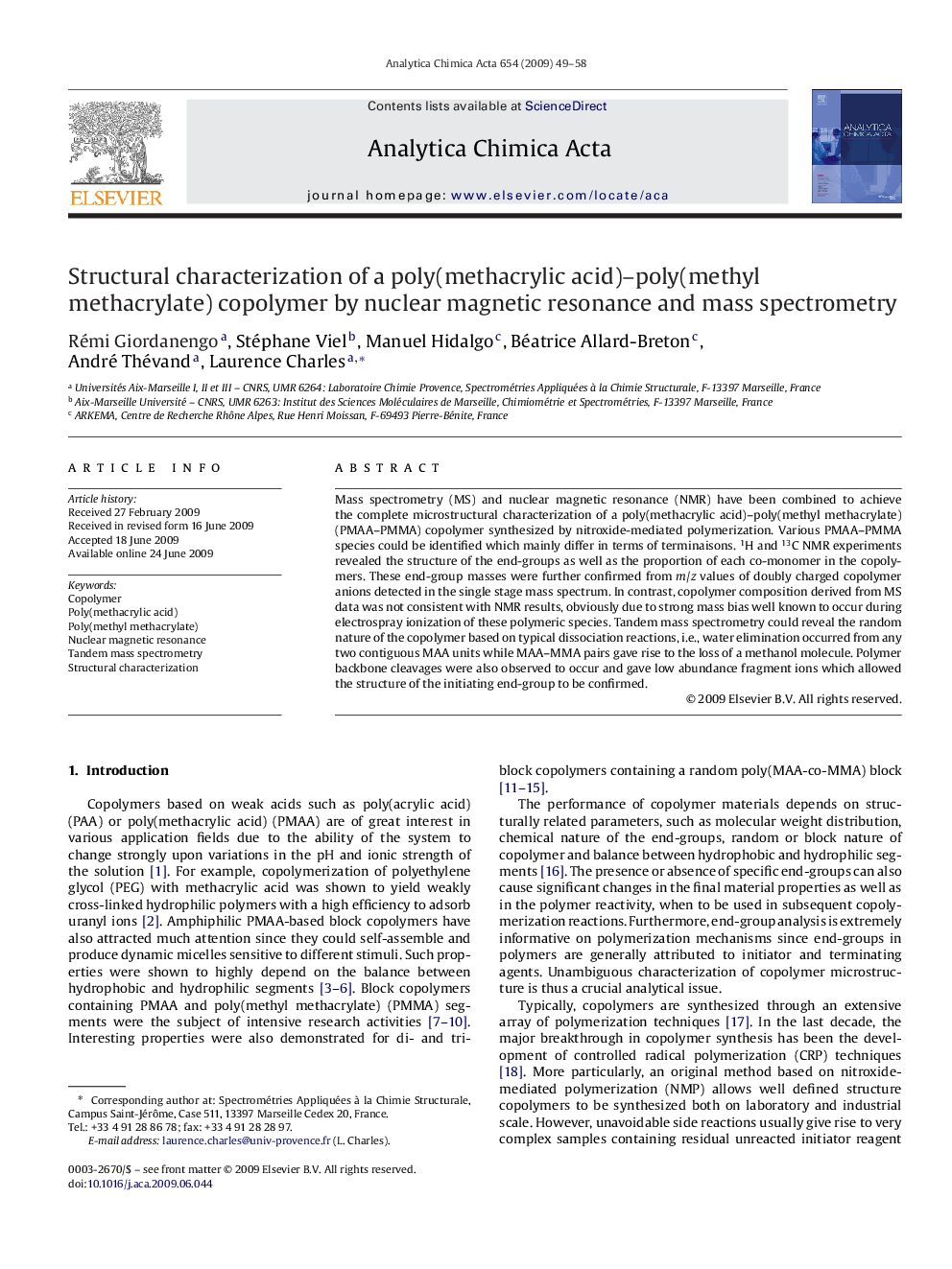 Structural characterization of a poly(methacrylic acid)–poly(methyl methacrylate) copolymer by nuclear magnetic resonance and mass spectrometry