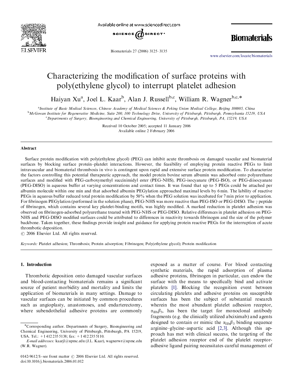 Characterizing the modification of surface proteins with poly(ethylene glycol) to interrupt platelet adhesion