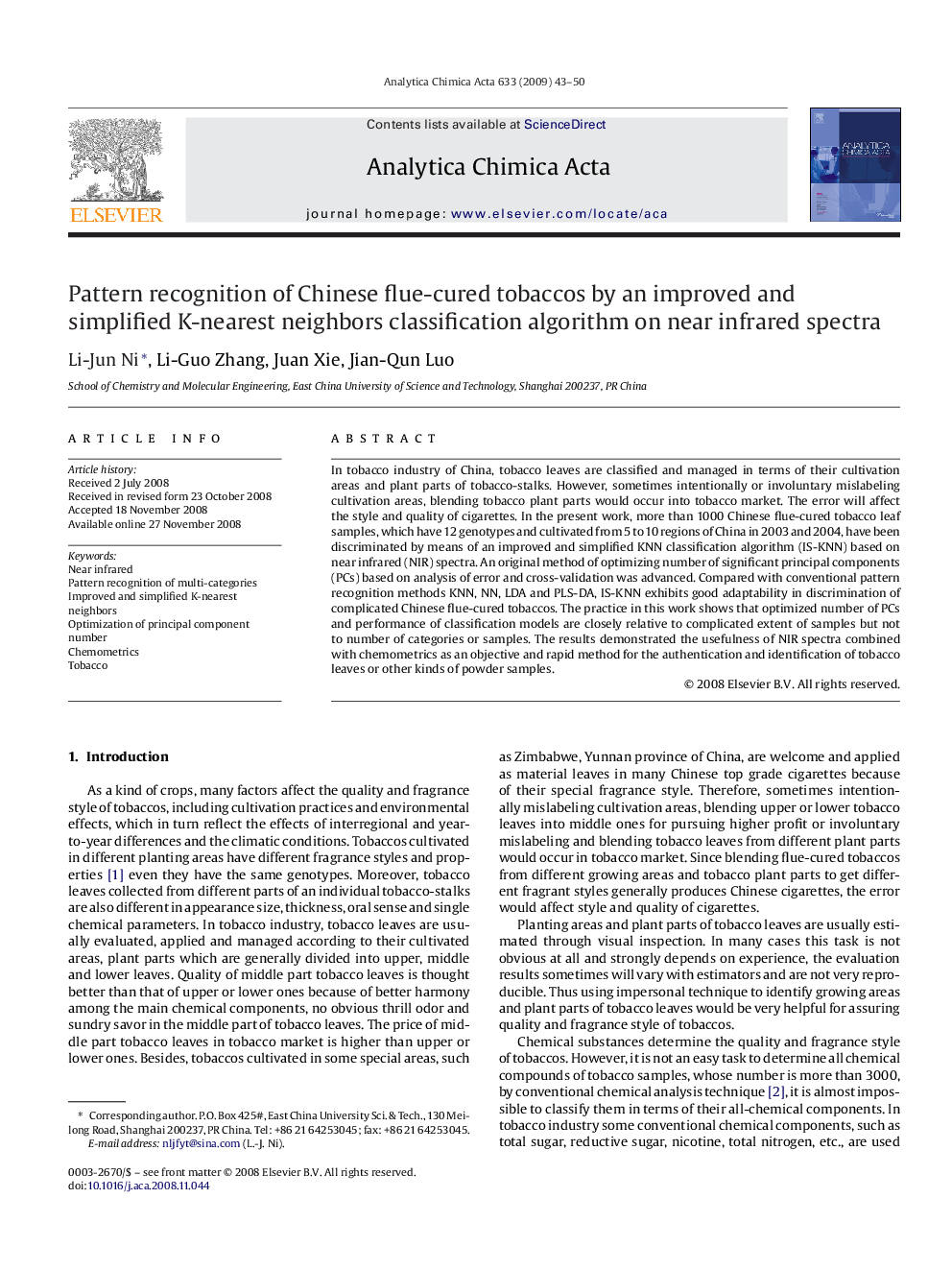 Pattern recognition of Chinese flue-cured tobaccos by an improved and simplified K-nearest neighbors classification algorithm on near infrared spectra