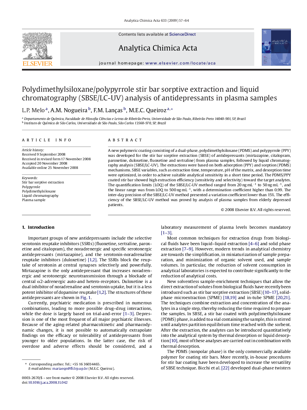 Polydimethylsiloxane/polypyrrole stir bar sorptive extraction and liquid chromatography (SBSE/LC-UV) analysis of antidepressants in plasma samples