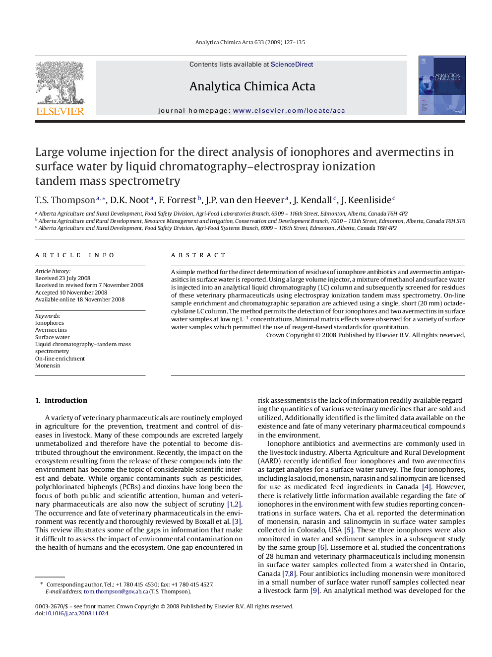 Large volume injection for the direct analysis of ionophores and avermectins in surface water by liquid chromatography–electrospray ionization tandem mass spectrometry