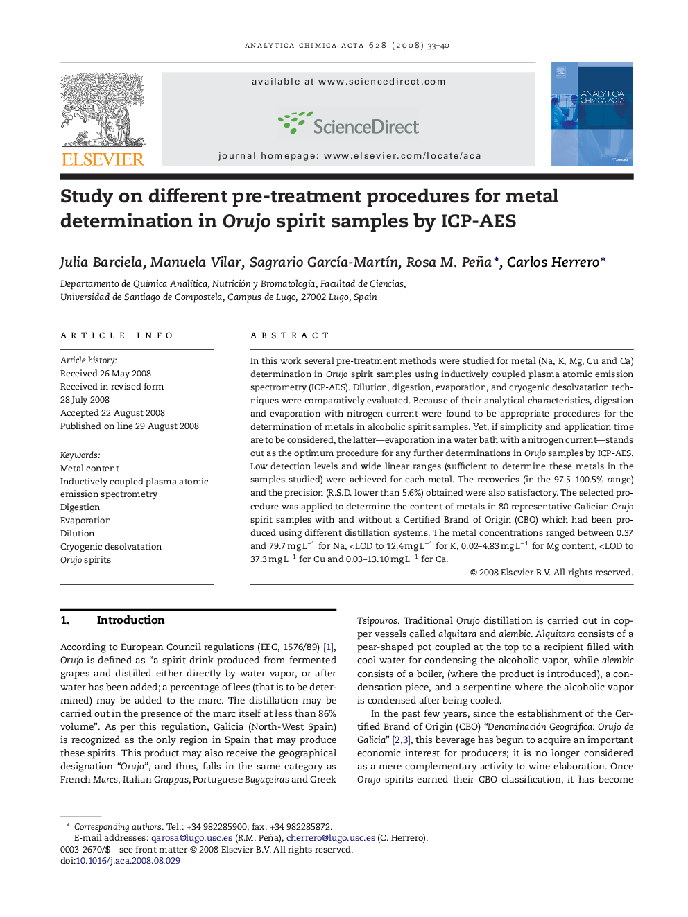 Study on different pre-treatment procedures for metal determination in Orujo spirit samples by ICP-AES