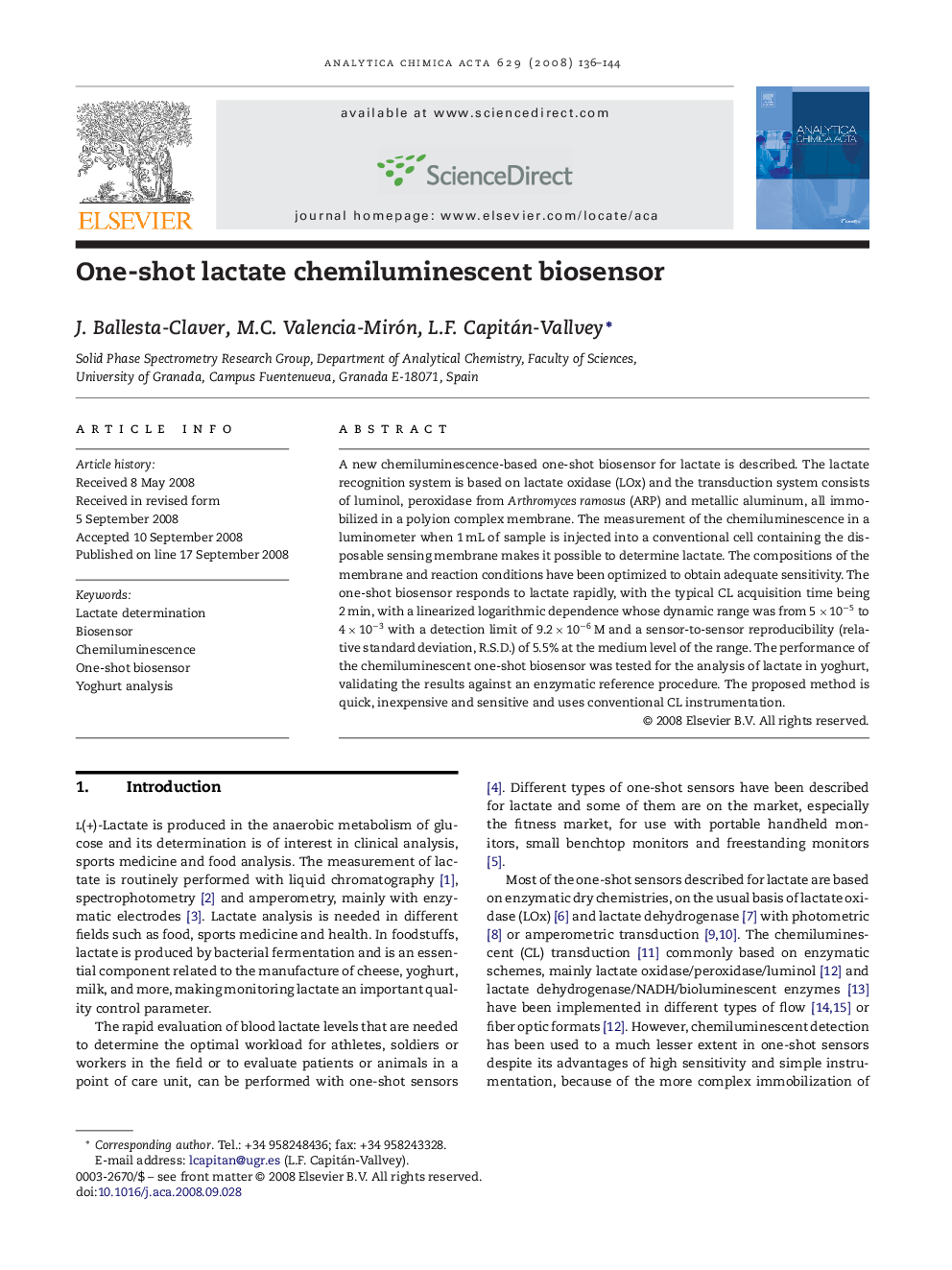 One-shot lactate chemiluminescent biosensor