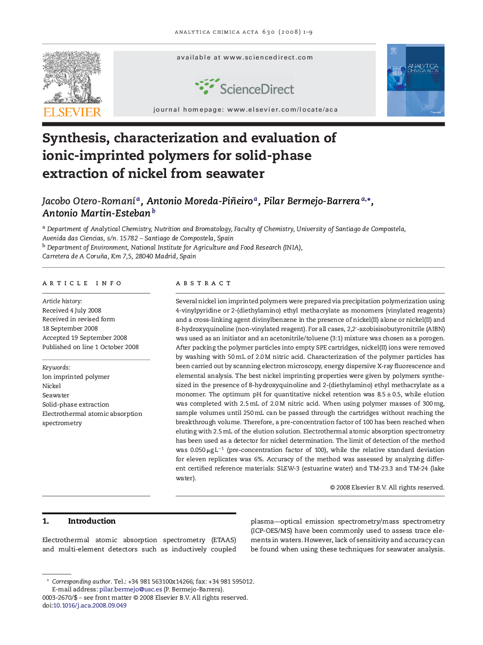 Synthesis, characterization and evaluation of ionic-imprinted polymers for solid-phase extraction of nickel from seawater