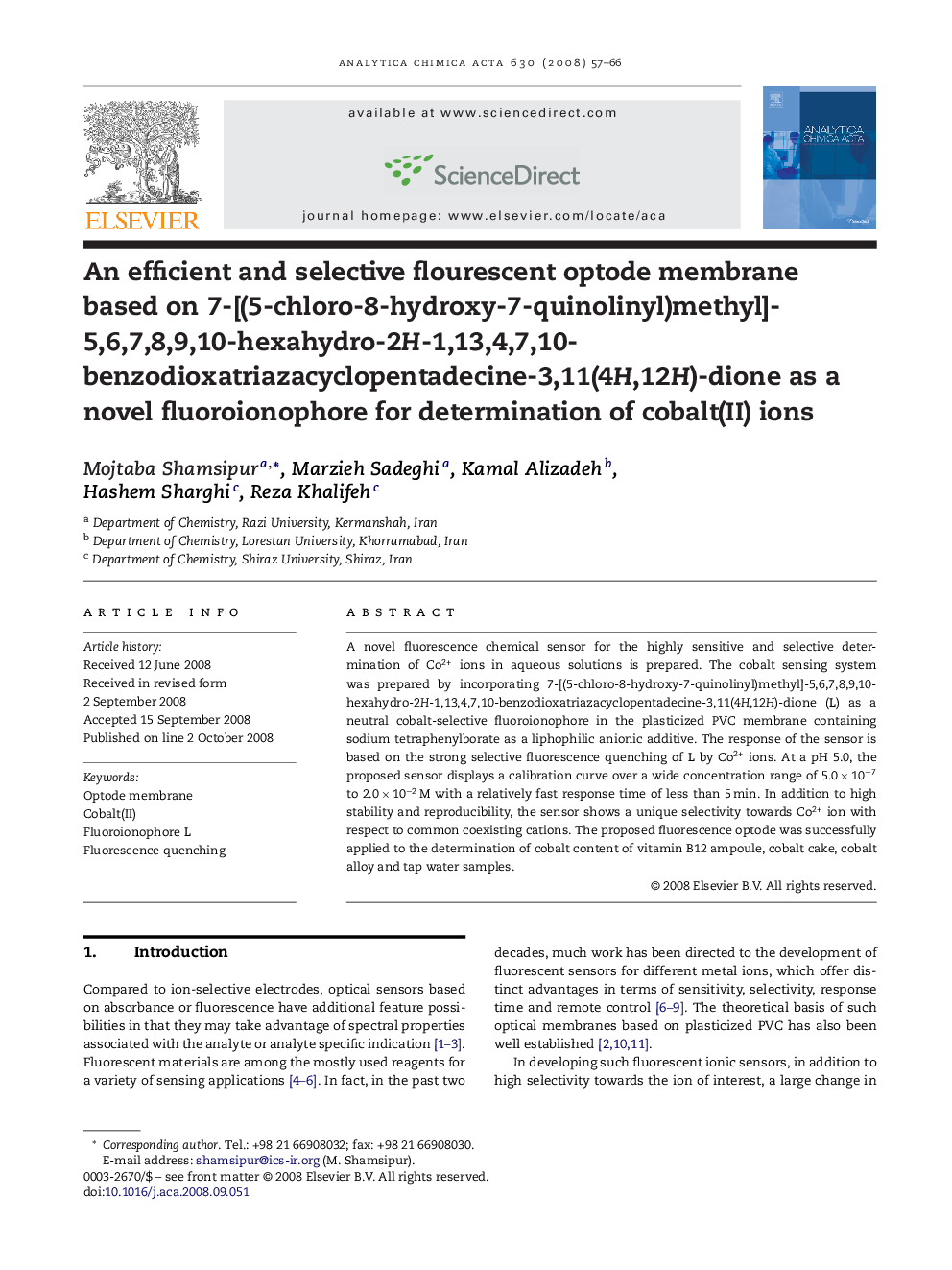 An efficient and selective flourescent optode membrane based on 7-[(5-chloro-8-hydroxy-7-quinolinyl)methyl]-5,6,7,8,9,10-hexahydro-2H-1,13,4,7,10-benzodioxatriazacyclopentadecine-3,11(4H,12H)-dione as a novel fluoroionophore for determination of cobalt(II