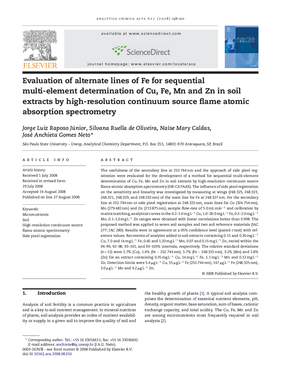 Evaluation of alternate lines of Fe for sequential multi-element determination of Cu, Fe, Mn and Zn in soil extracts by high-resolution continuum source flame atomic absorption spectrometry