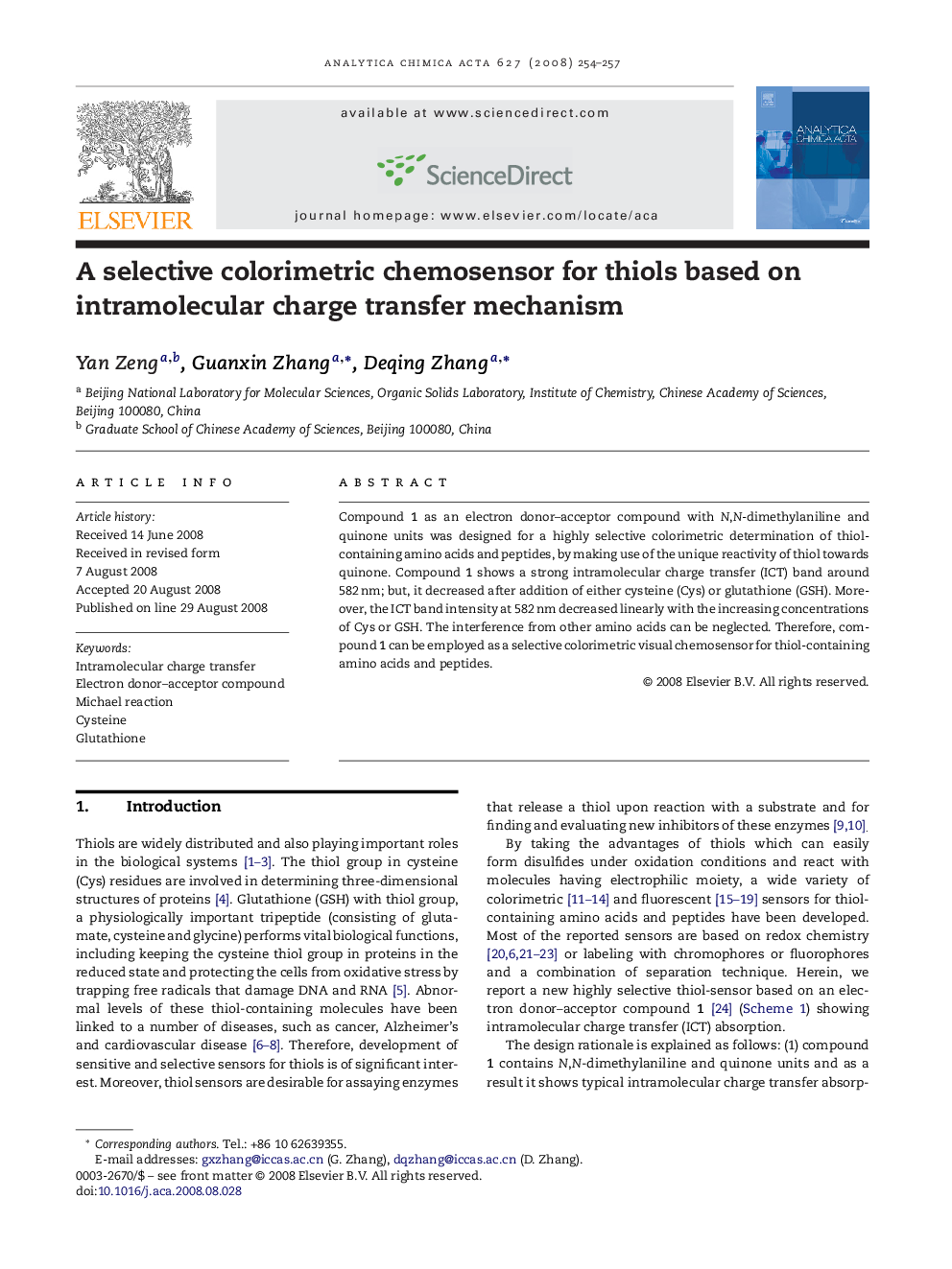 A selective colorimetric chemosensor for thiols based on intramolecular charge transfer mechanism