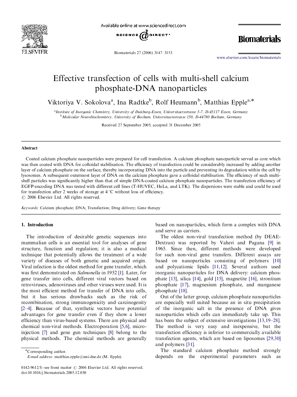 Effective transfection of cells with multi-shell calcium phosphate-DNA nanoparticles