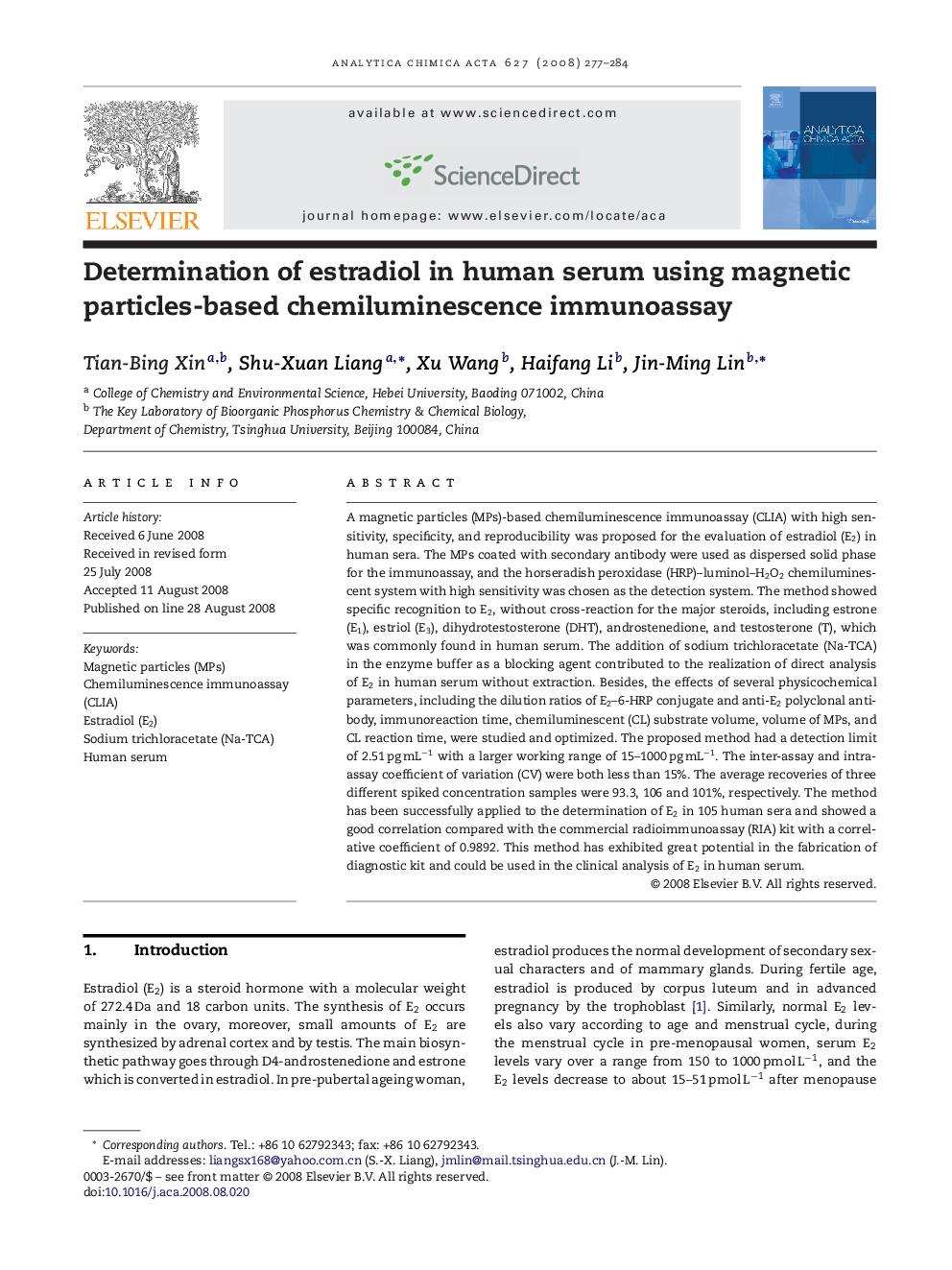 Determination of estradiol in human serum using magnetic particles-based chemiluminescence immunoassay