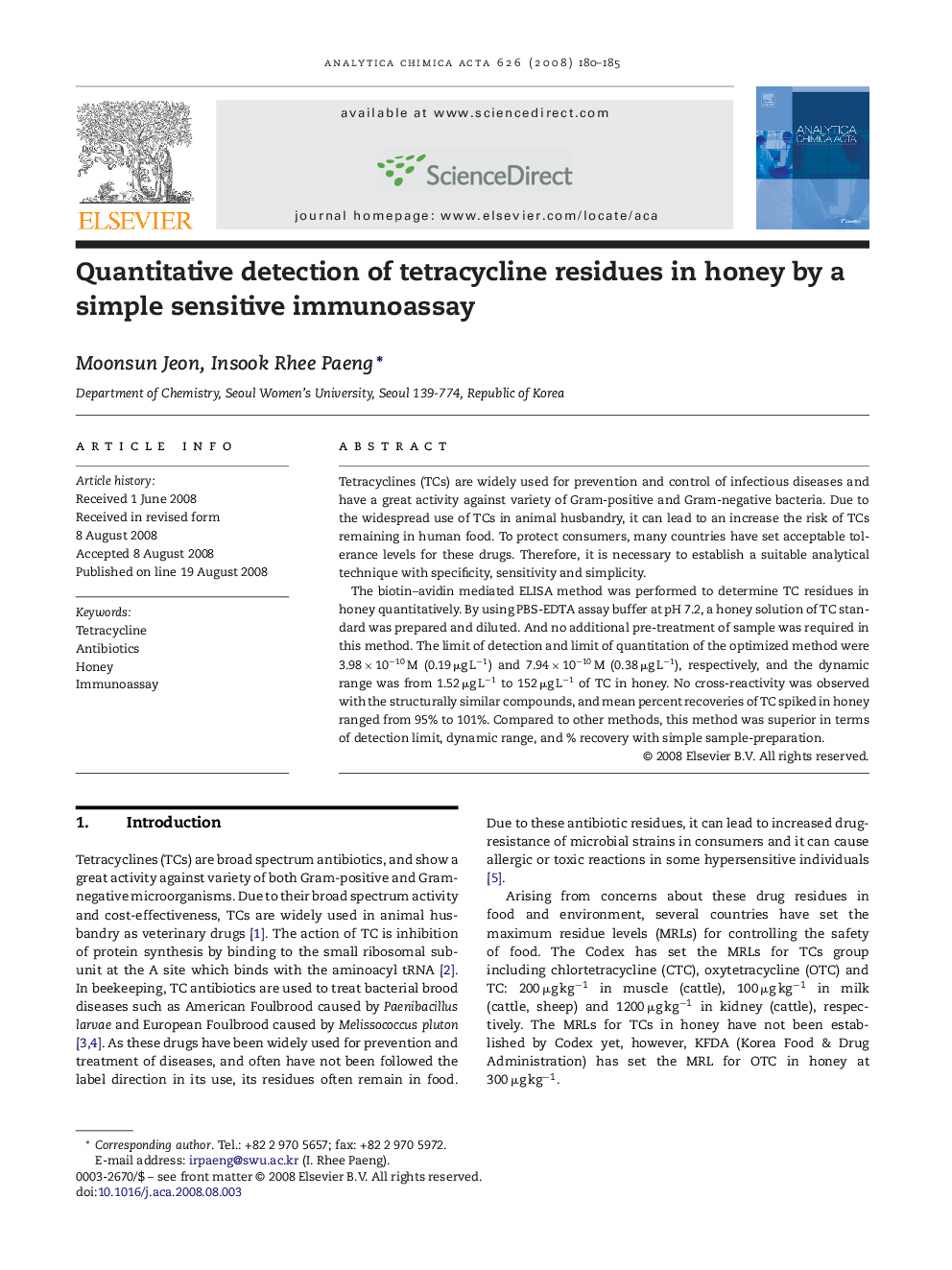 Quantitative detection of tetracycline residues in honey by a simple sensitive immunoassay