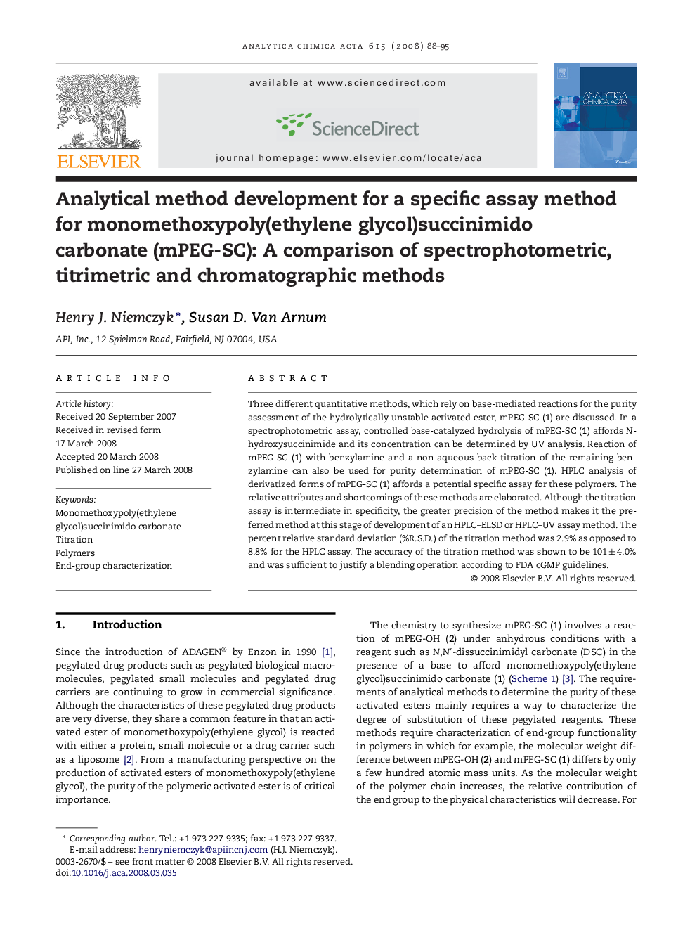 Analytical method development for a specific assay method for monomethoxypoly(ethylene glycol)succinimido carbonate (mPEG-SC): A comparison of spectrophotometric, titrimetric and chromatographic methods