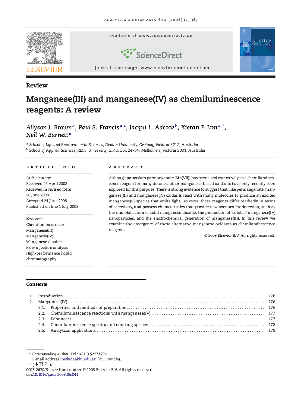 Manganese(III) and manganese(IV) as chemiluminescence reagents: A review