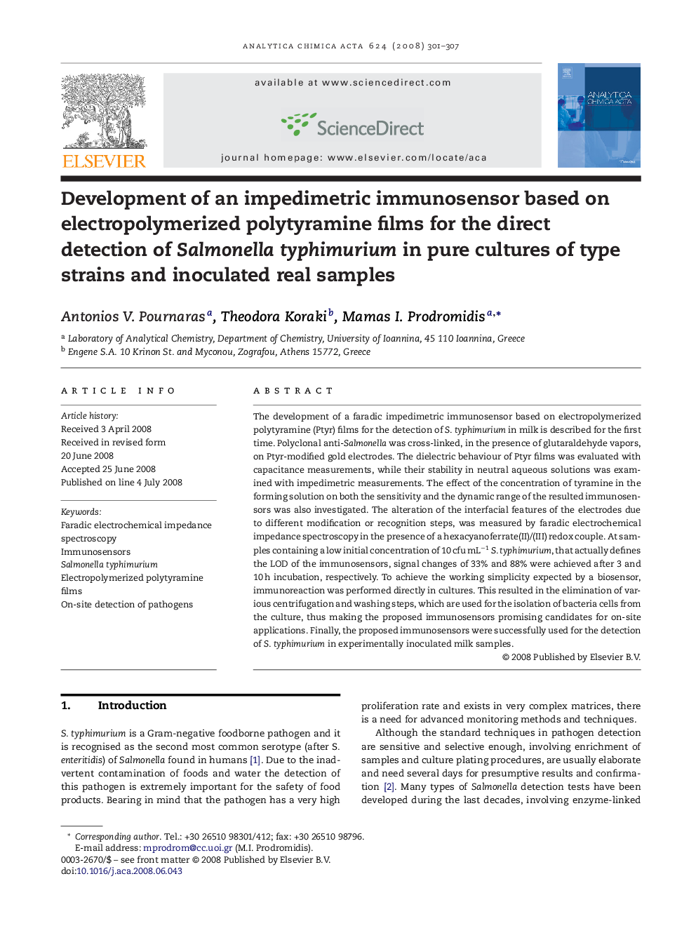 Development of an impedimetric immunosensor based on electropolymerized polytyramine films for the direct detection of Salmonella typhimurium in pure cultures of type strains and inoculated real samples