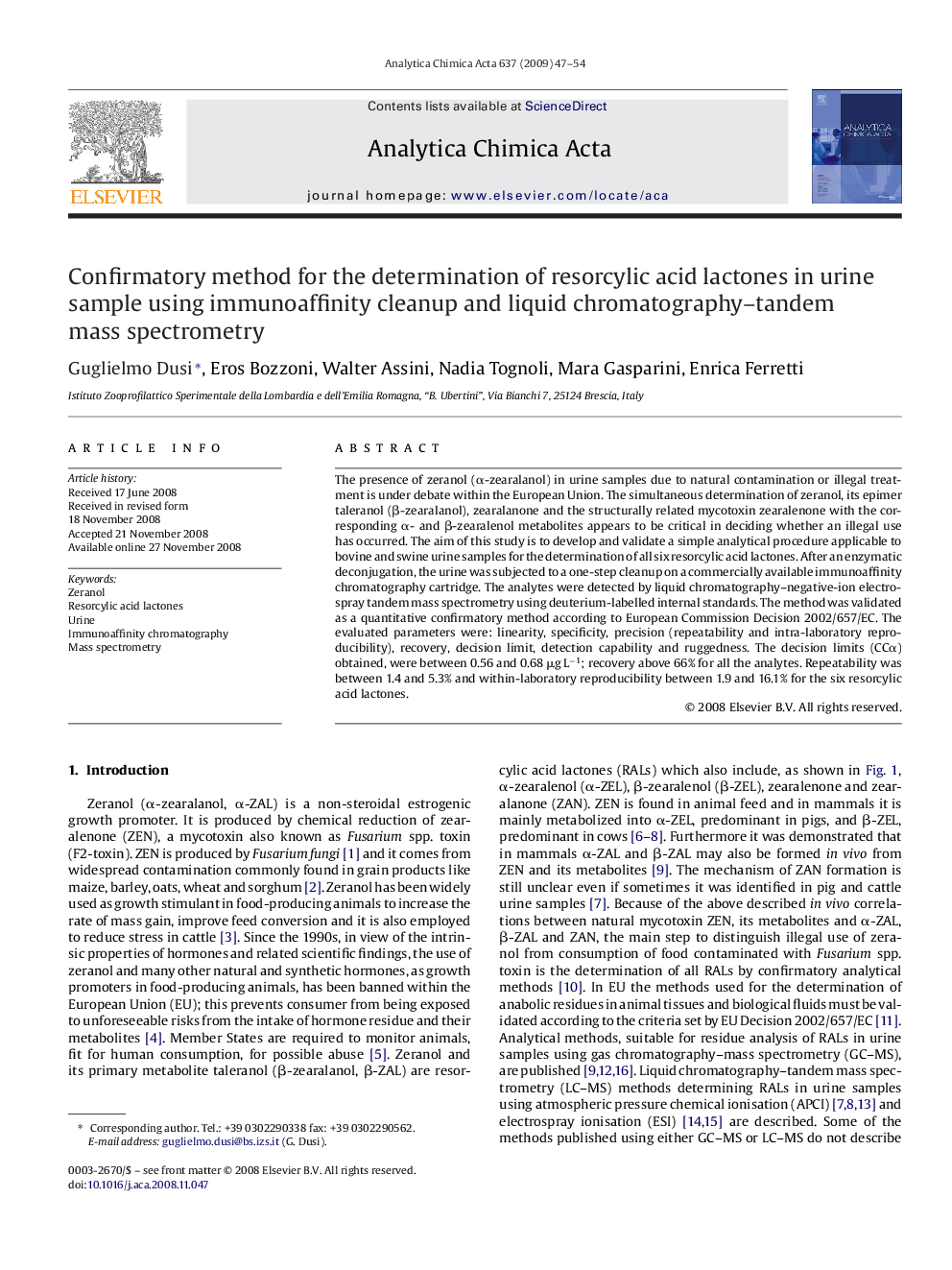 Confirmatory method for the determination of resorcylic acid lactones in urine sample using immunoaffinity cleanup and liquid chromatography–tandem mass spectrometry