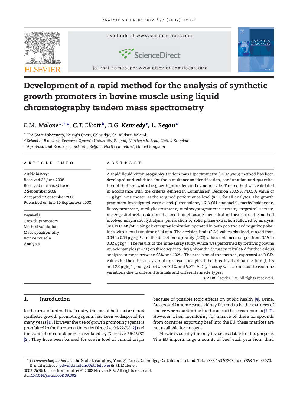 Development of a rapid method for the analysis of synthetic growth promoters in bovine muscle using liquid chromatography tandem mass spectrometry