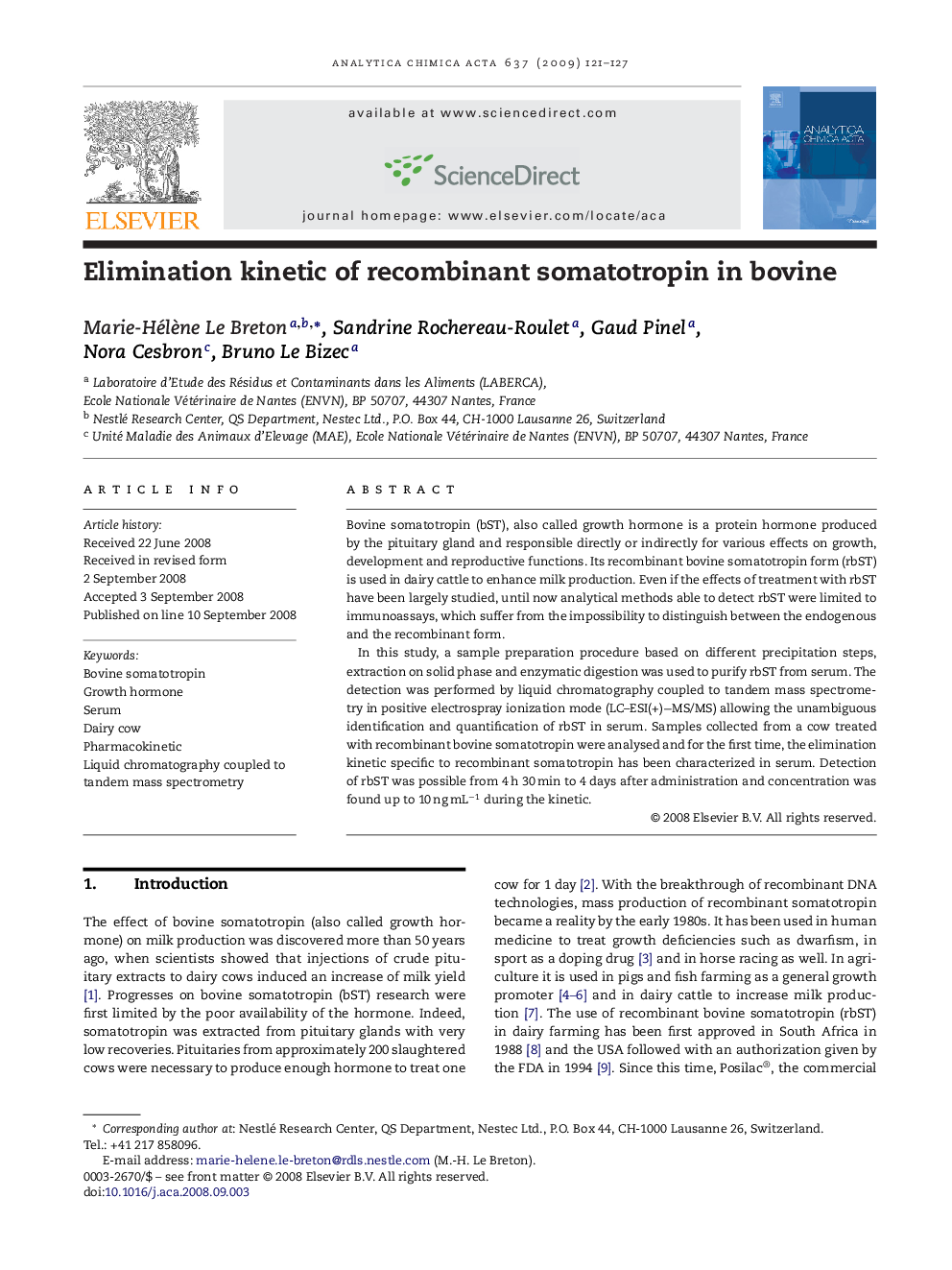 Elimination kinetic of recombinant somatotropin in bovine