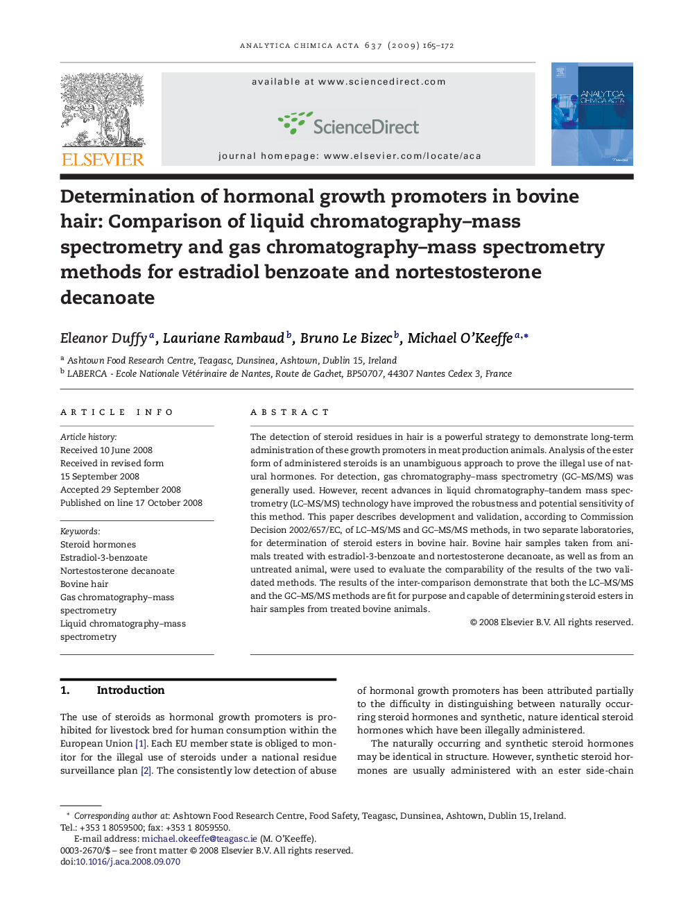 Determination of hormonal growth promoters in bovine hair: Comparison of liquid chromatography–mass spectrometry and gas chromatography–mass spectrometry methods for estradiol benzoate and nortestosterone decanoate