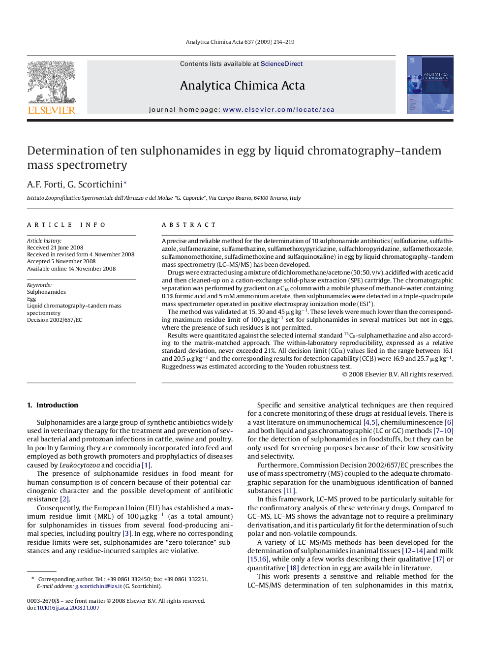 Determination of ten sulphonamides in egg by liquid chromatography–tandem mass spectrometry