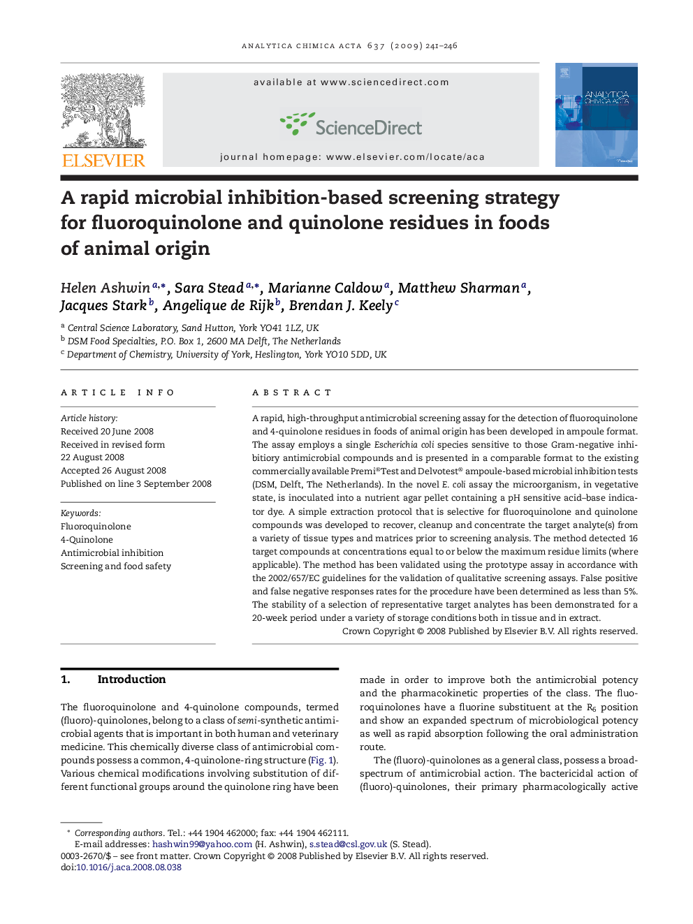 A rapid microbial inhibition-based screening strategy for fluoroquinolone and quinolone residues in foods of animal origin