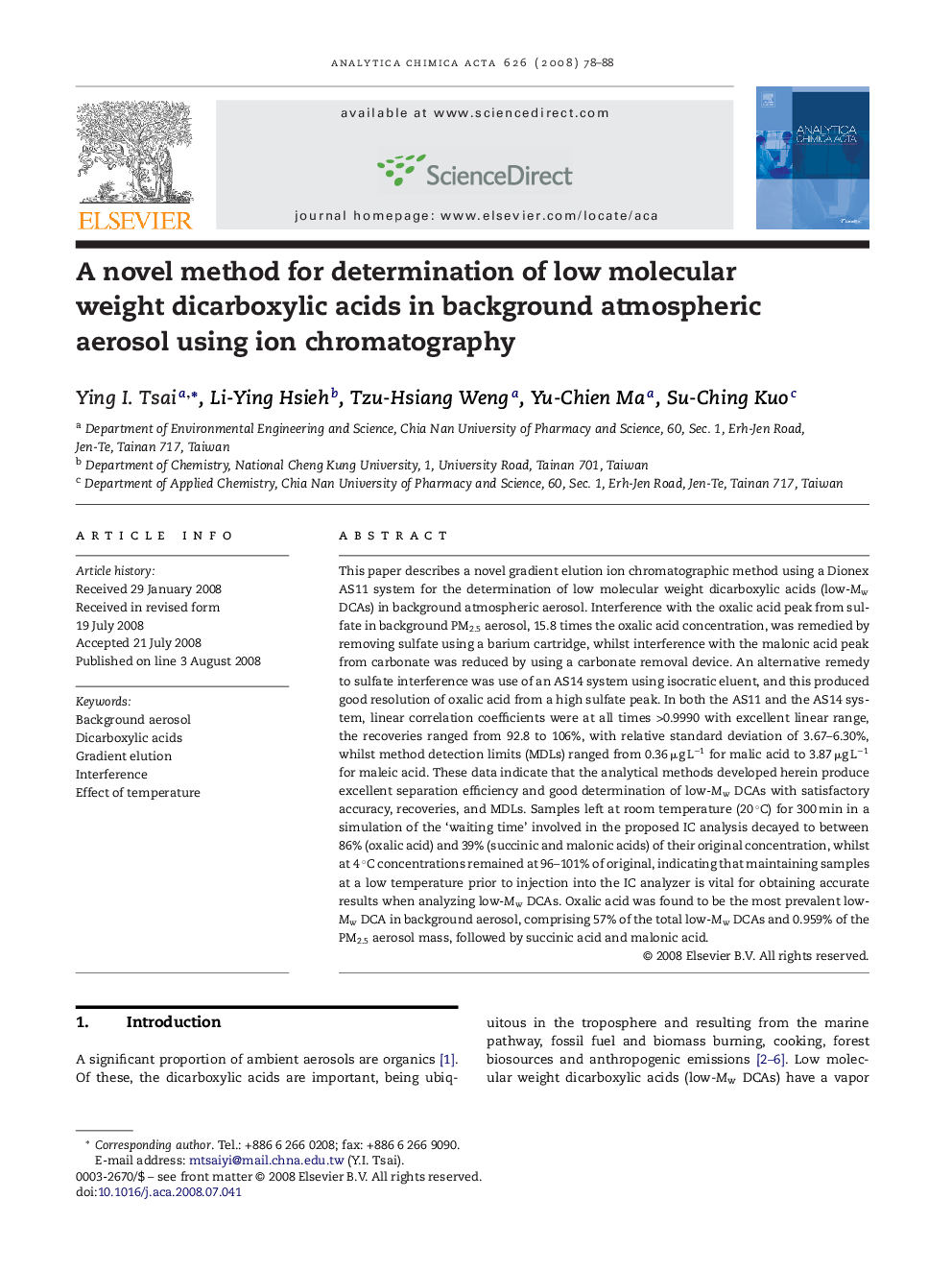 A novel method for determination of low molecular weight dicarboxylic acids in background atmospheric aerosol using ion chromatography