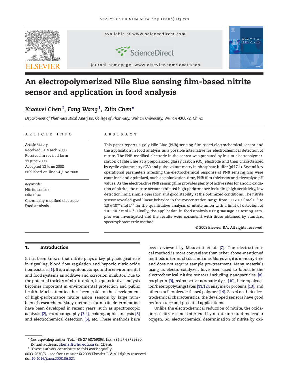 An electropolymerized Nile Blue sensing film-based nitrite sensor and application in food analysis