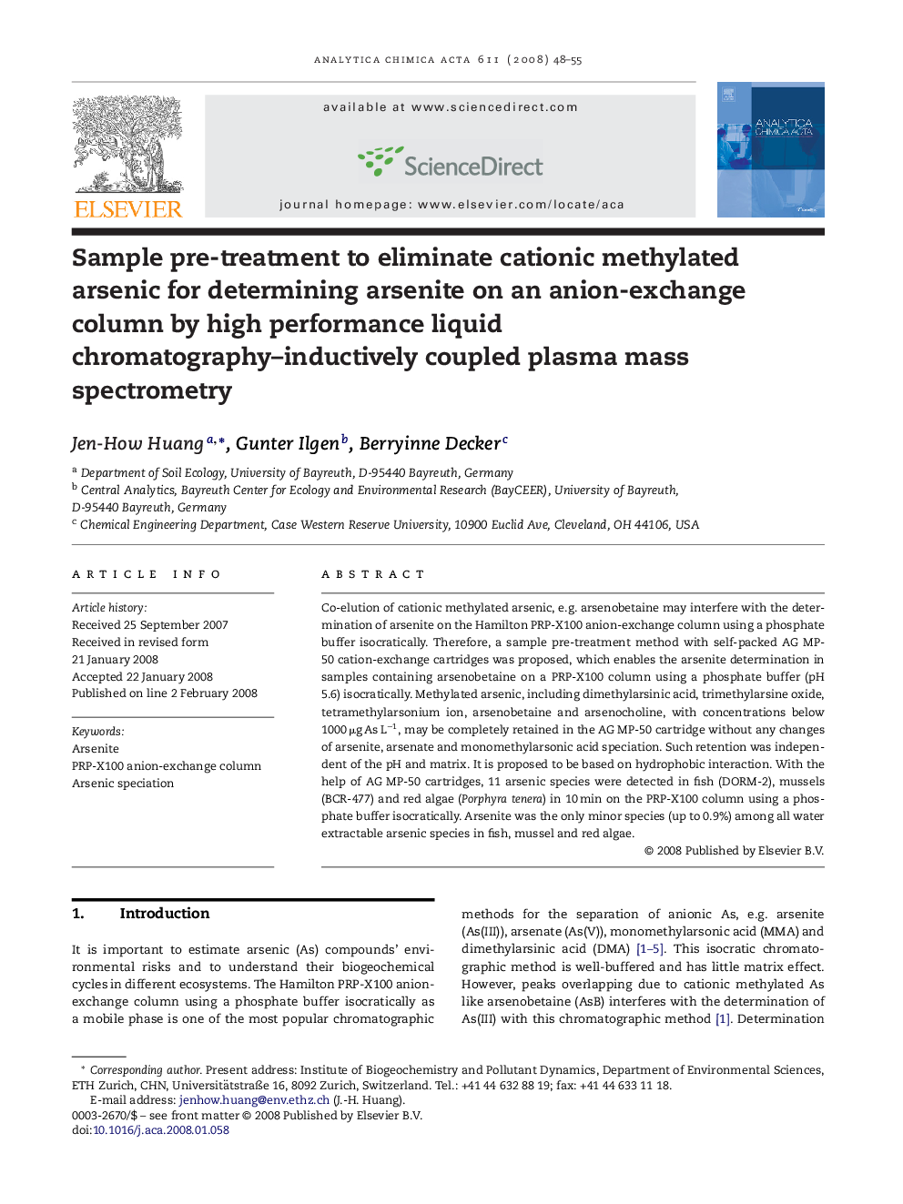 Sample pre-treatment to eliminate cationic methylated arsenic for determining arsenite on an anion-exchange column by high performance liquid chromatography–inductively coupled plasma mass spectrometry