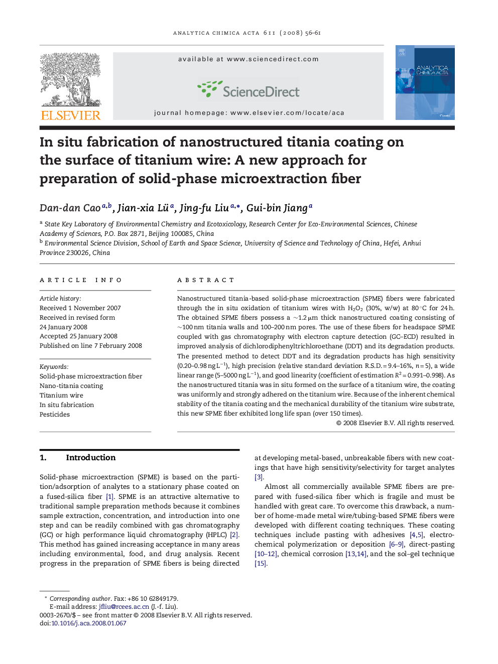 In situ fabrication of nanostructured titania coating on the surface of titanium wire: A new approach for preparation of solid-phase microextraction fiber