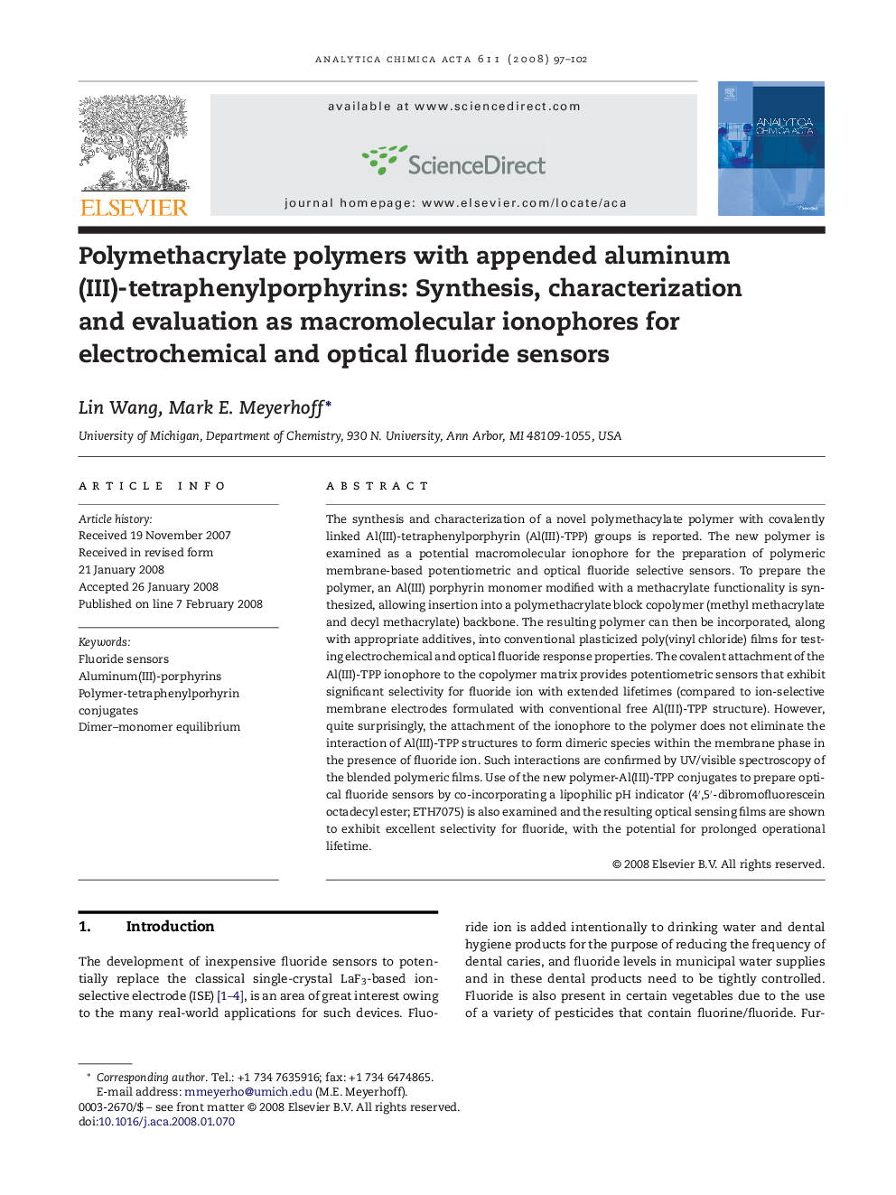 Polymethacrylate polymers with appended aluminum(III)-tetraphenylporphyrins: Synthesis, characterization and evaluation as macromolecular ionophores for electrochemical and optical fluoride sensors
