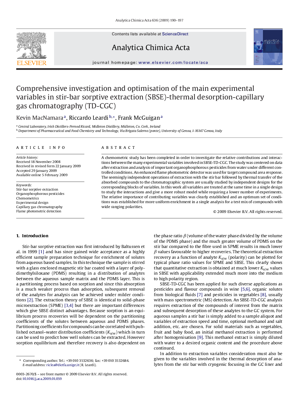 Comprehensive investigation and optimisation of the main experimental variables in stir-bar sorptive extraction (SBSE)-thermal desorption-capillary gas chromatography (TD-CGC)