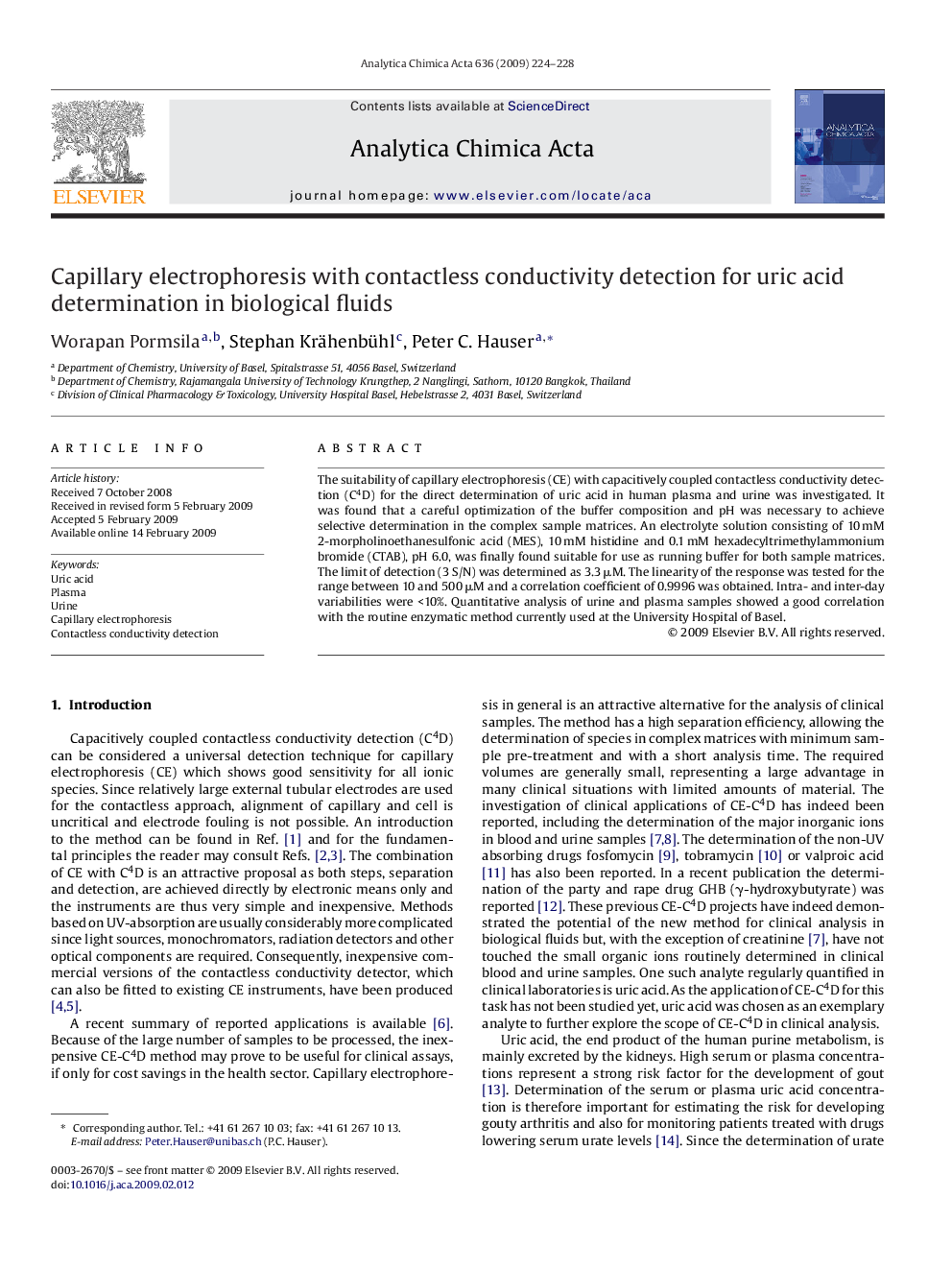 Capillary electrophoresis with contactless conductivity detection for uric acid determination in biological fluids