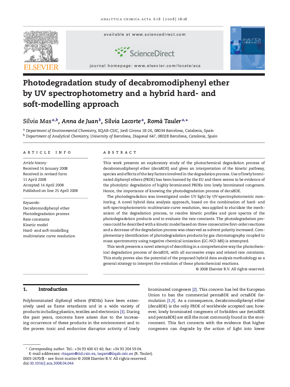 Photodegradation study of decabromodiphenyl ether by UV spectrophotometry and a hybrid hard- and soft-modelling approach