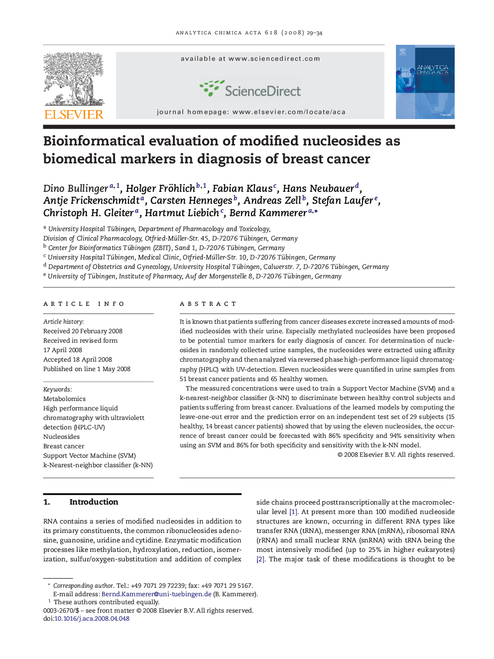 Bioinformatical evaluation of modified nucleosides as biomedical markers in diagnosis of breast cancer