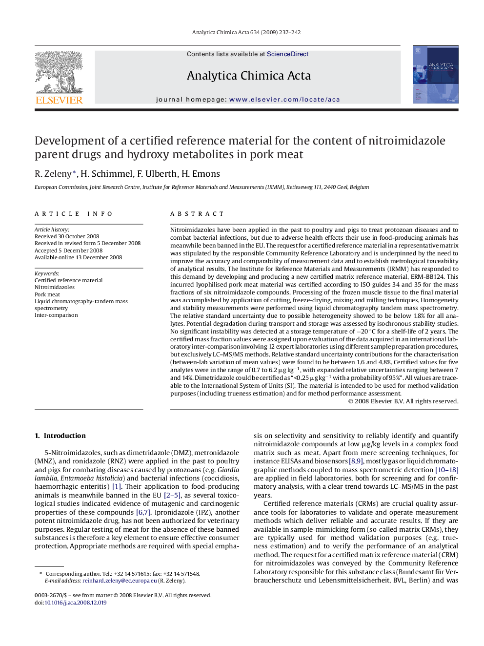 Development of a certified reference material for the content of nitroimidazole parent drugs and hydroxy metabolites in pork meat