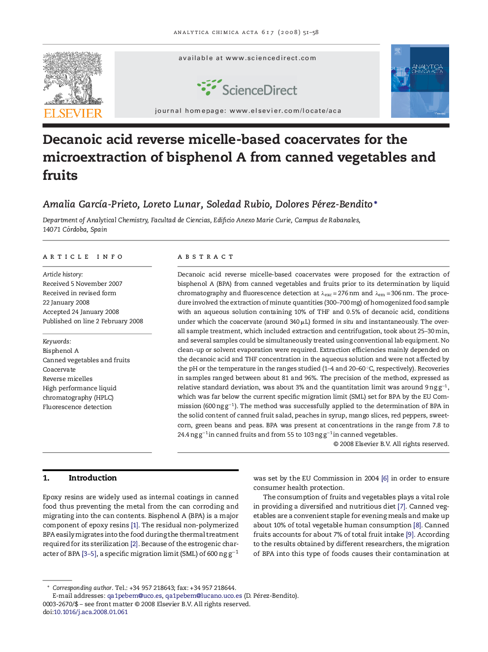 Decanoic acid reverse micelle-based coacervates for the microextraction of bisphenol A from canned vegetables and fruits