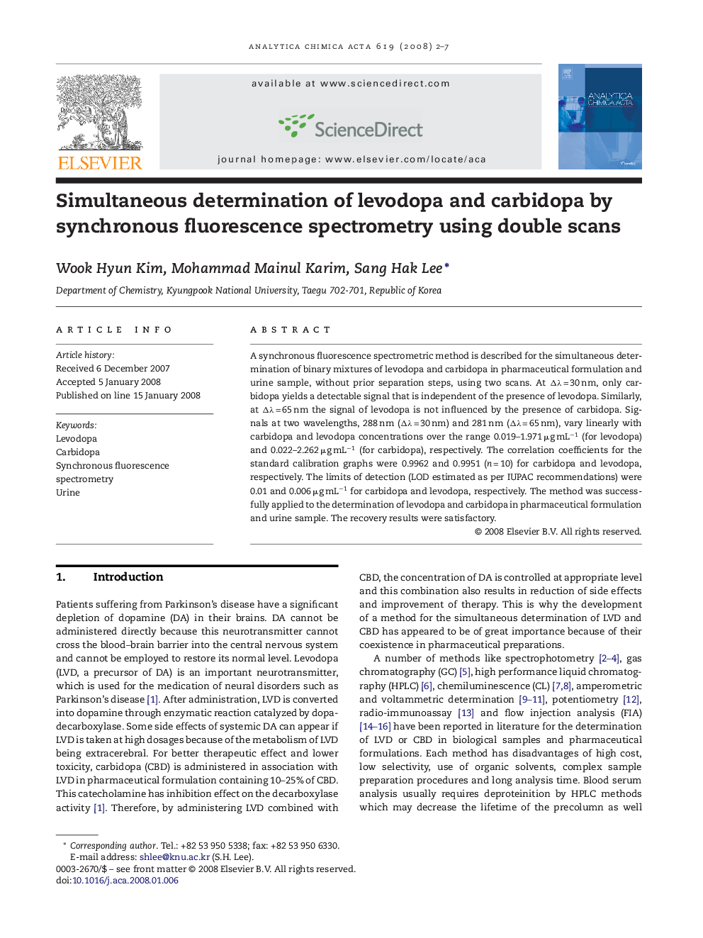 Simultaneous determination of levodopa and carbidopa by synchronous fluorescence spectrometry using double scans