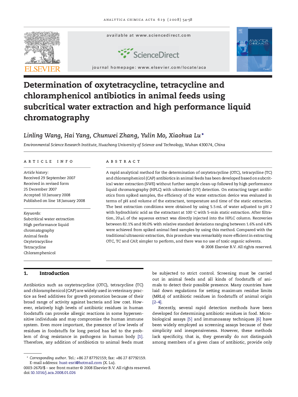 Determination of oxytetracycline, tetracycline and chloramphenicol antibiotics in animal feeds using subcritical water extraction and high performance liquid chromatography