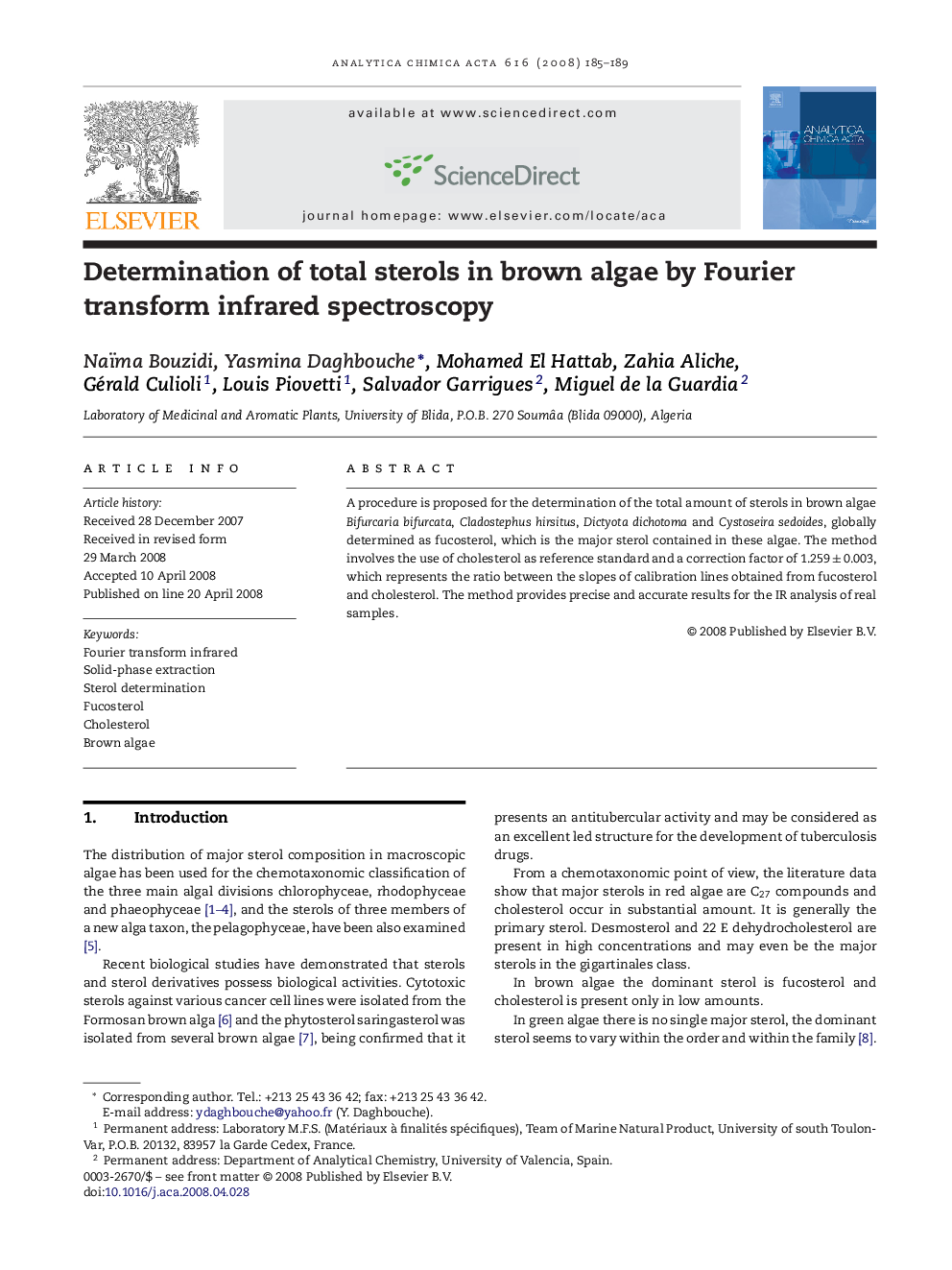 Determination of total sterols in brown algae by Fourier transform infrared spectroscopy