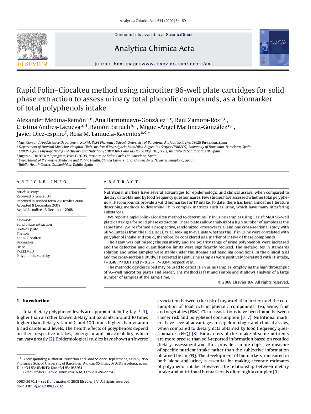 Rapid Folin–Ciocalteu method using microtiter 96-well plate cartridges for solid phase extraction to assess urinary total phenolic compounds, as a biomarker of total polyphenols intake